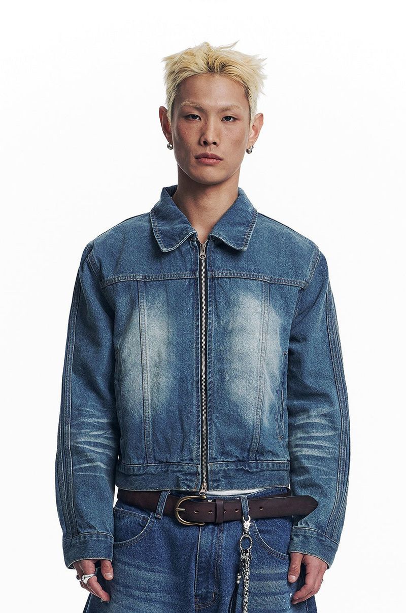 Washed Crop Track Denim Jacket - Deep Blue