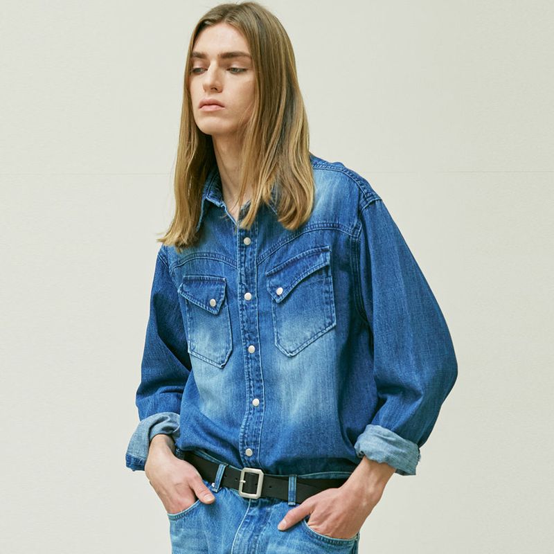 WASHED DENIM WESTERN SHIRT BLUE