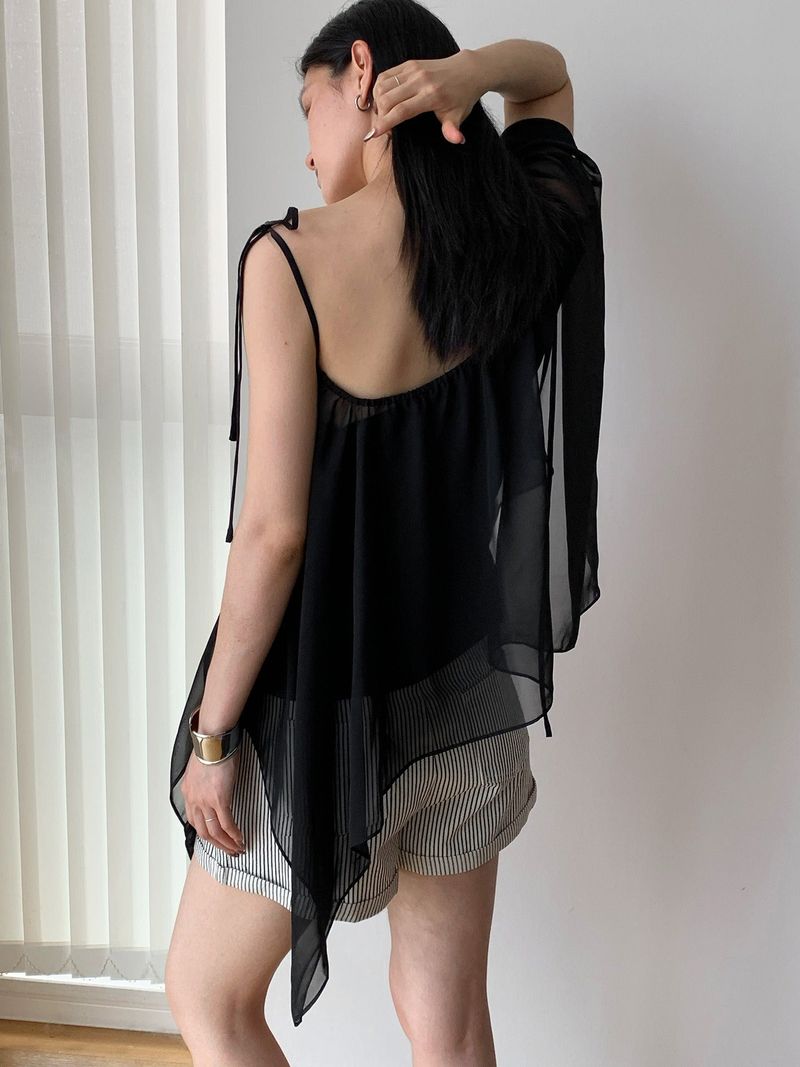 unbalanced chiffon see-through frill blouse