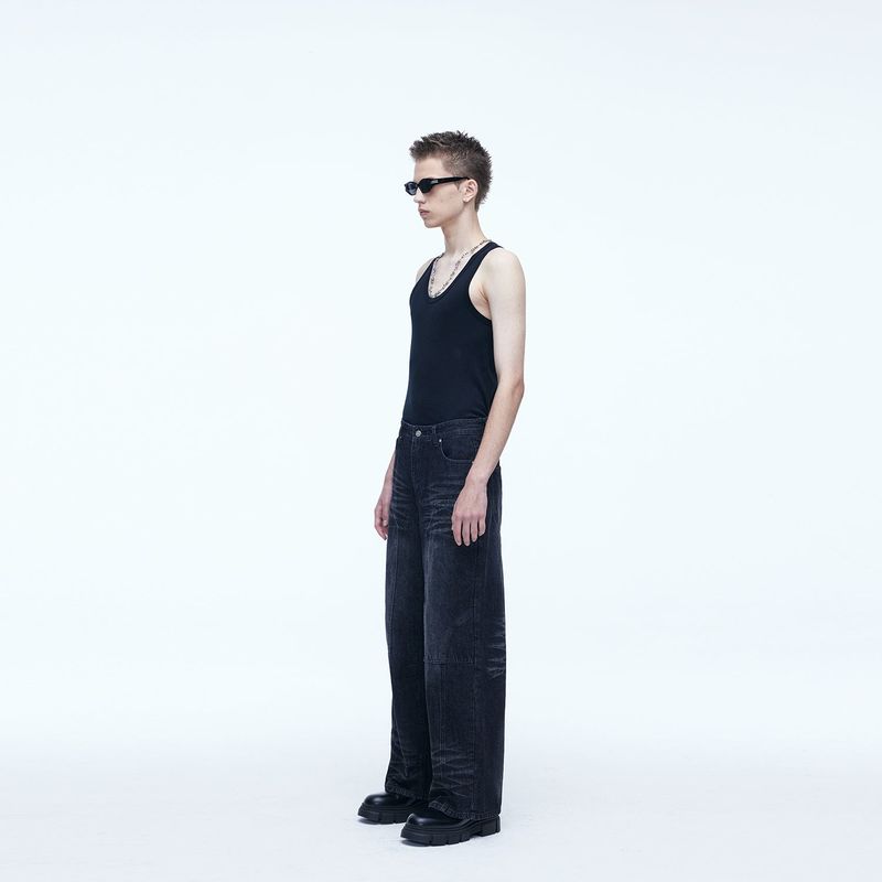 Double Knee Carpenter Wide Denim Pants Black