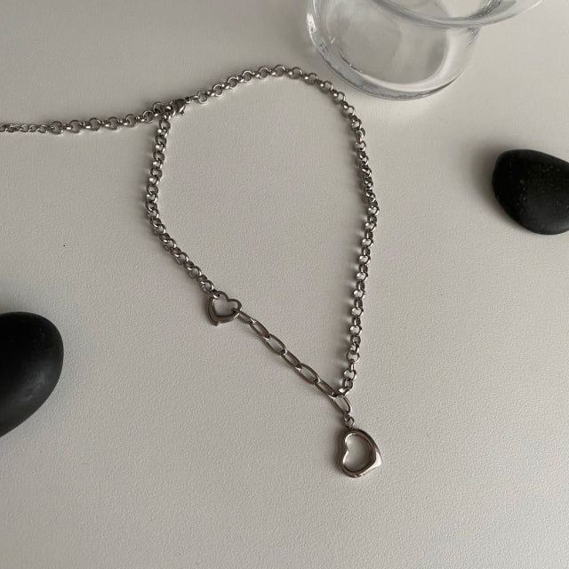 cuh Twin Heart Bold Chain Choker Long Necklace