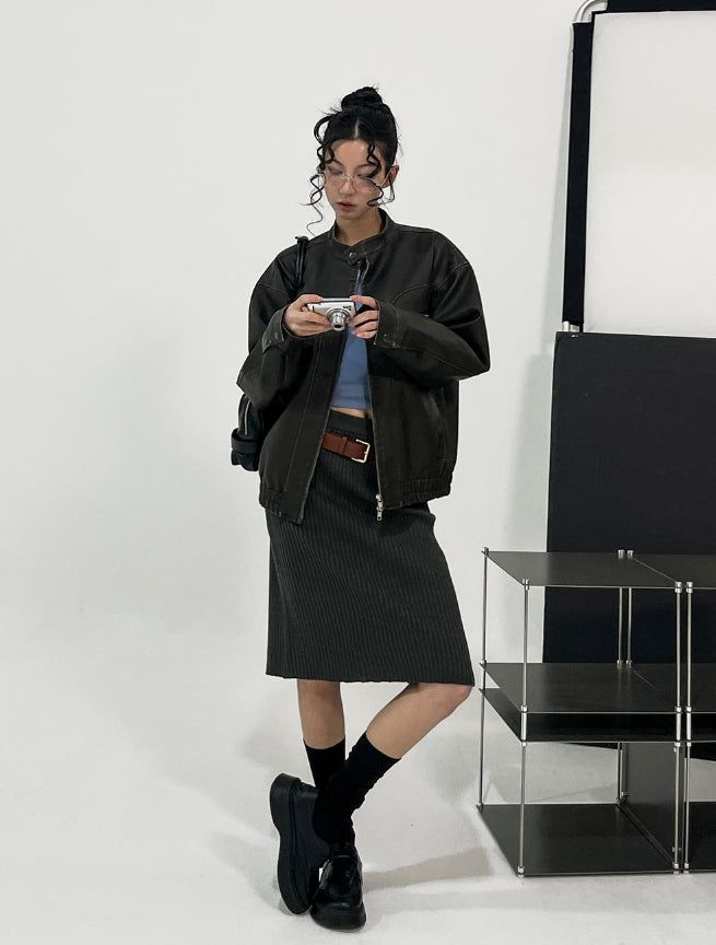 Gross cut washed leather jacket