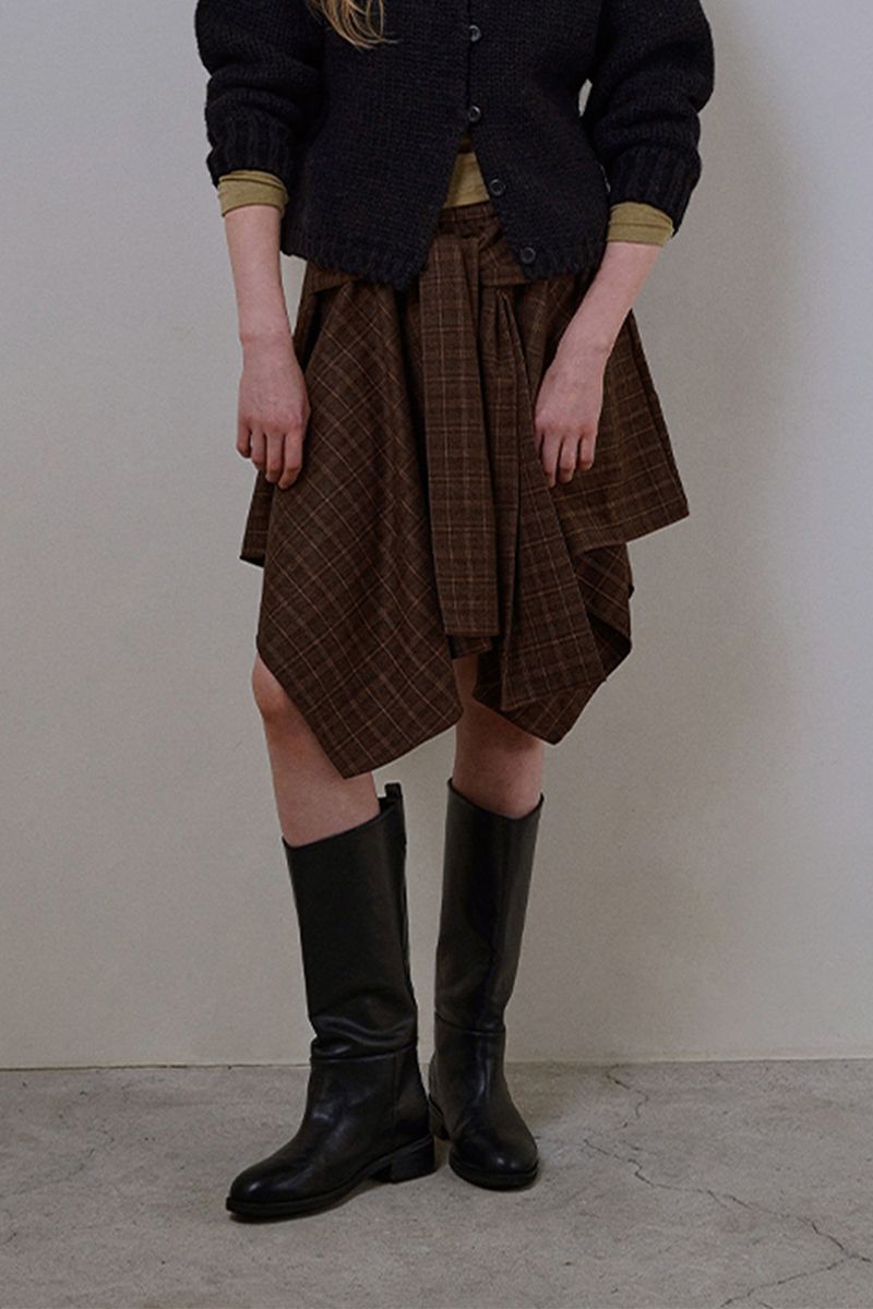 Wave check skirt_brown