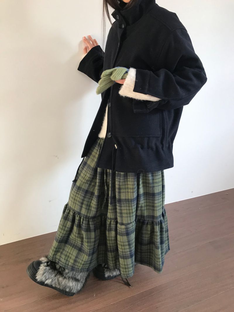 Windy Checkered Long Skirt (1color)