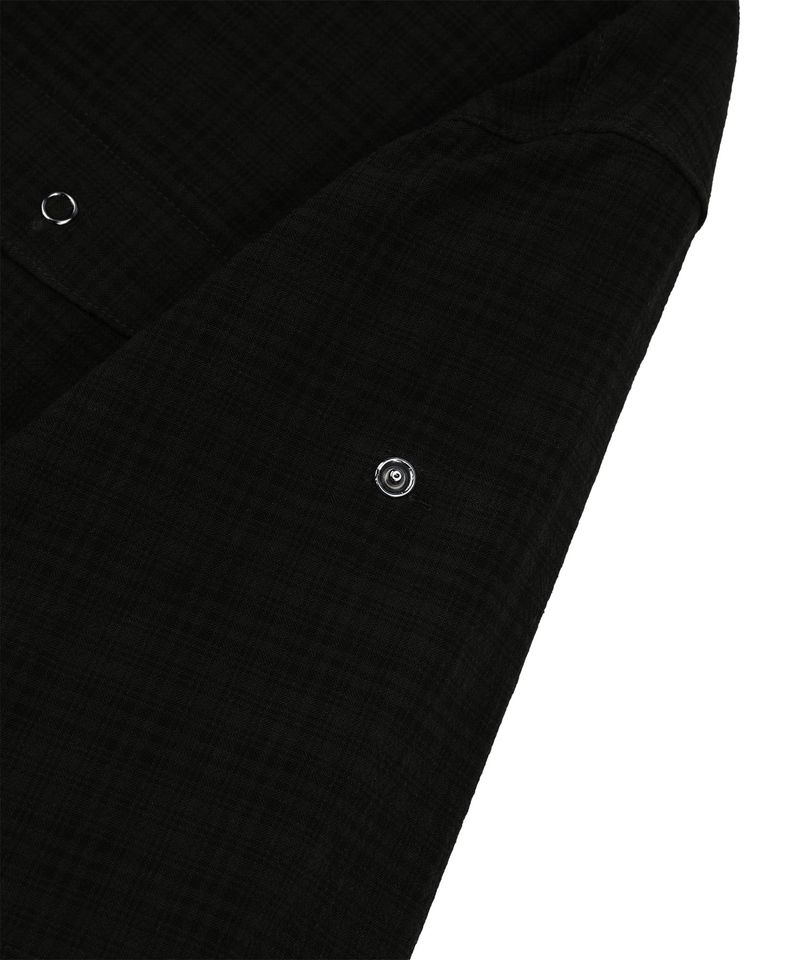 Texture Crop Roll-Up Check Short Sleeve Shirt - Black