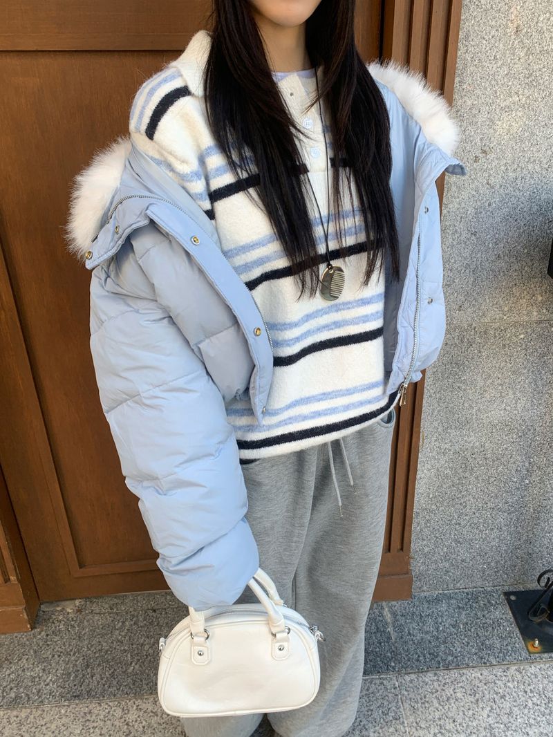 Ice Bloom Fur-Collar Duck Down Short Puffer