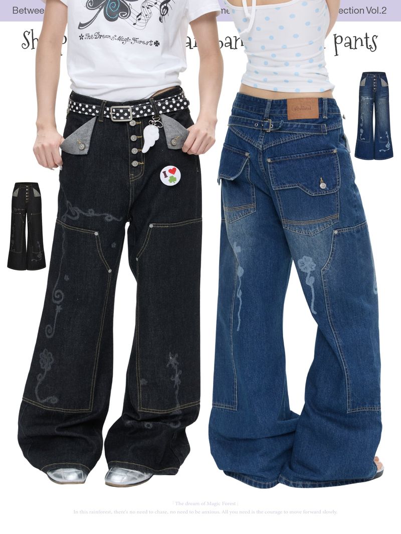 BETWEENAND  Summer-style retro, stylish straight-leg jeans made of heavyweight fabric, with studs, washed finish, available in two colors and made from genuine cowhide