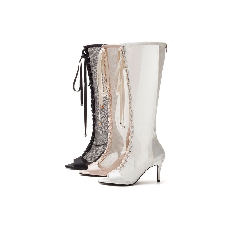 Satin See-Through Open Toe Boots Heel(White)