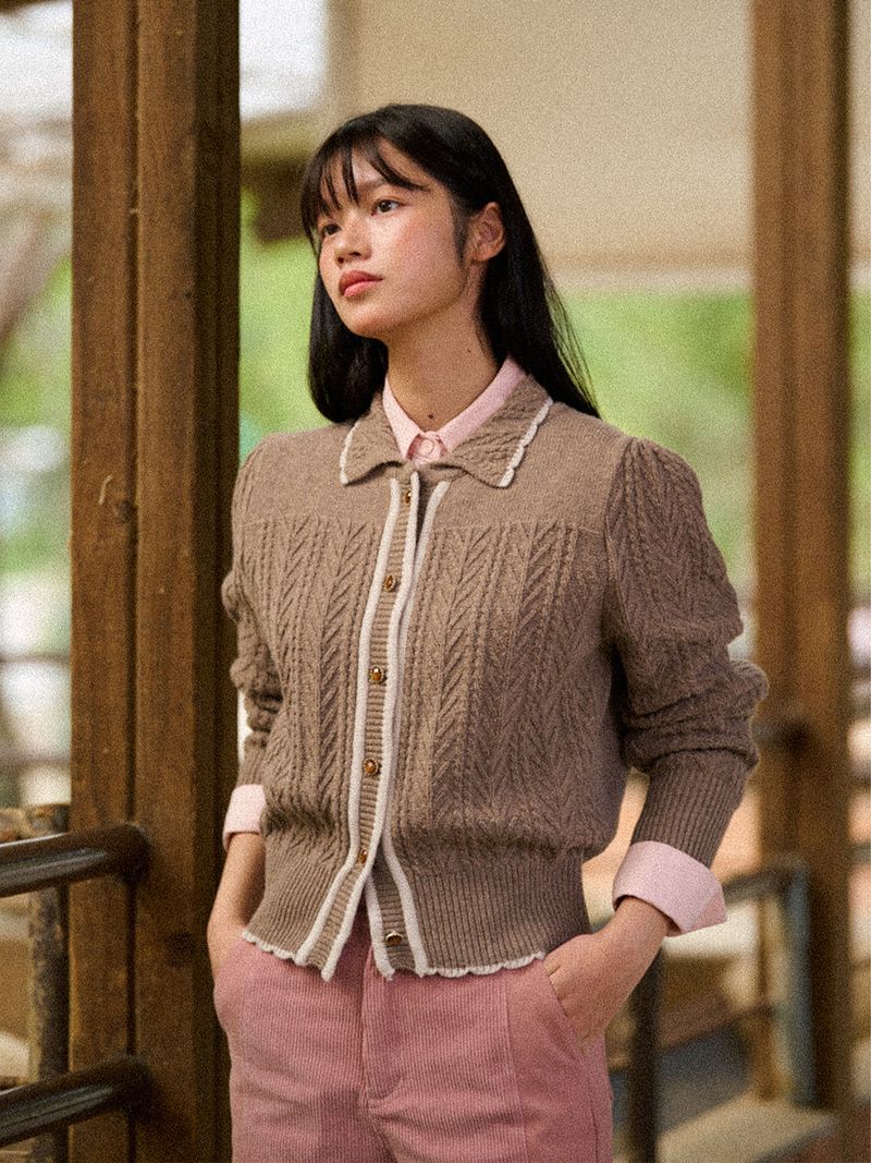 Wavy Collar Cable Merino Cardigan (Brown)