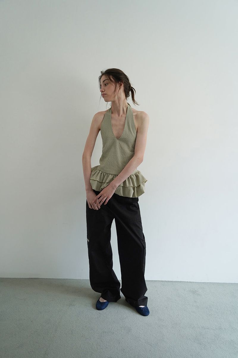 Gingham halter blouse_khaki