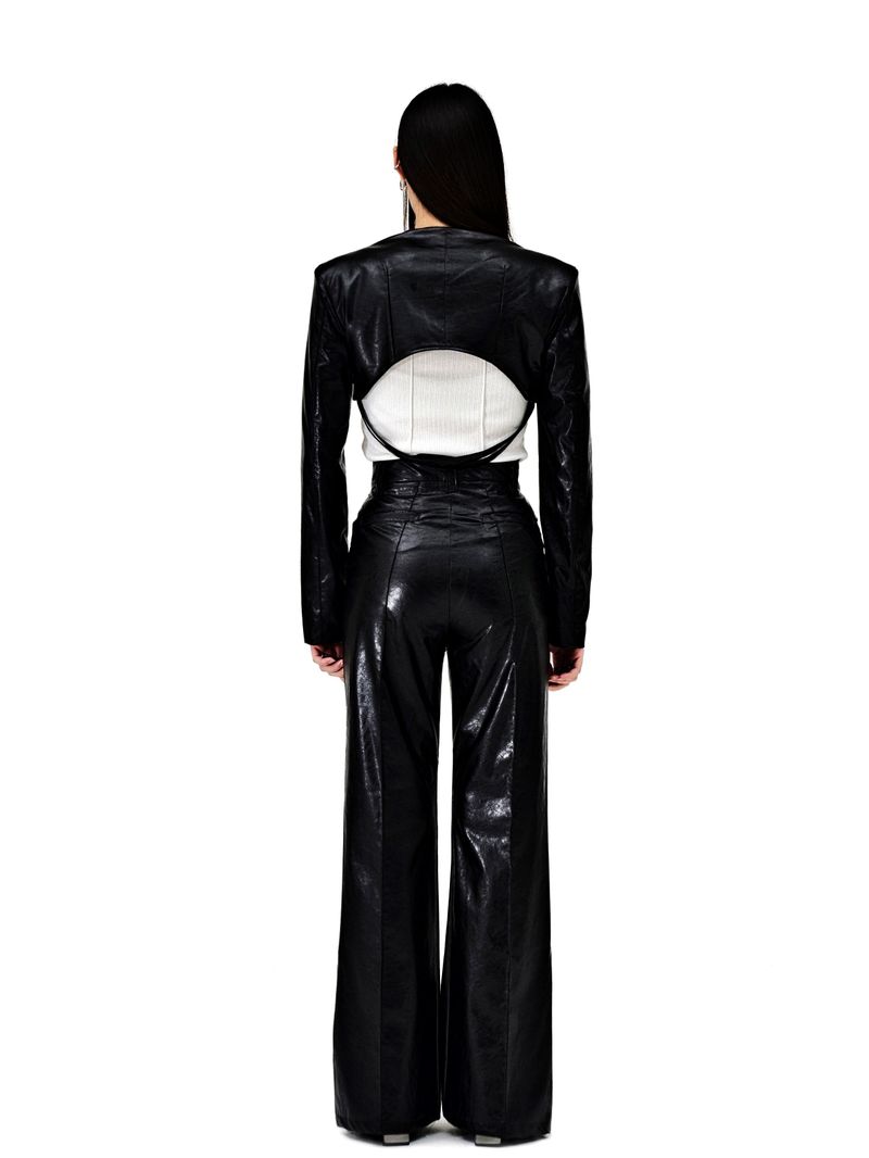 PIN-TUCK STRAP LEATHER BOLERO JACKET