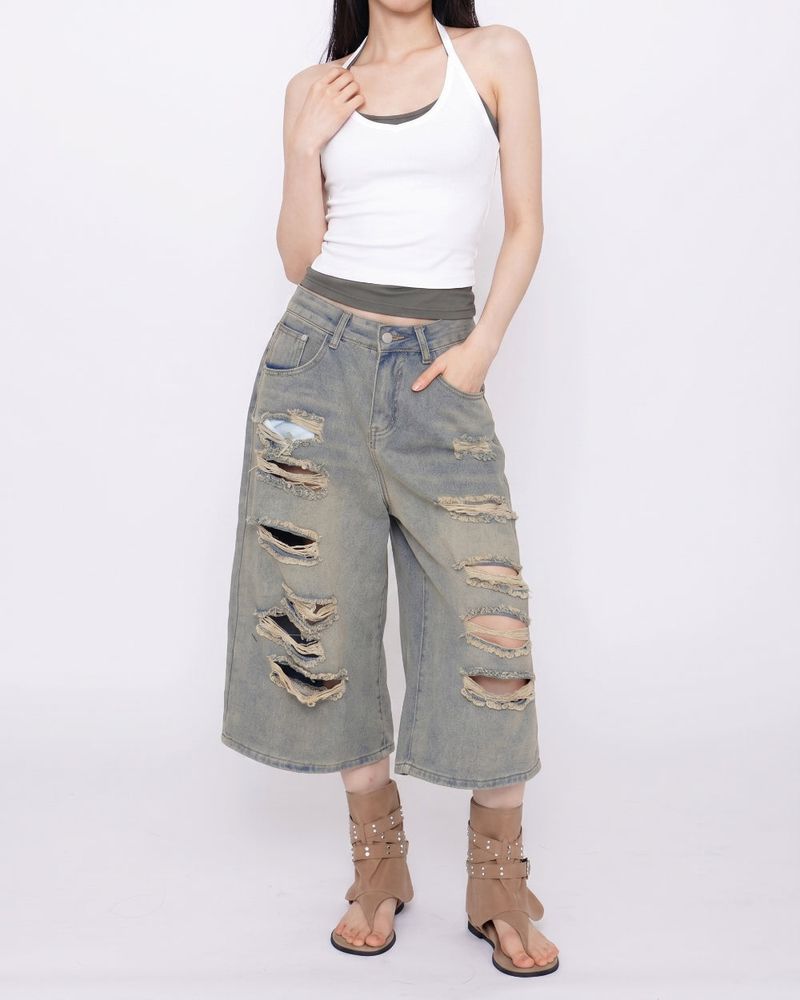 Terran Wide Distressed Bermuda Denim Pants