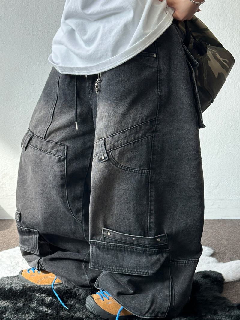 HIP RIVET KEYRING DOWN CARGO DENIM LONG PANTS🩵🩶 - 2 COLORS