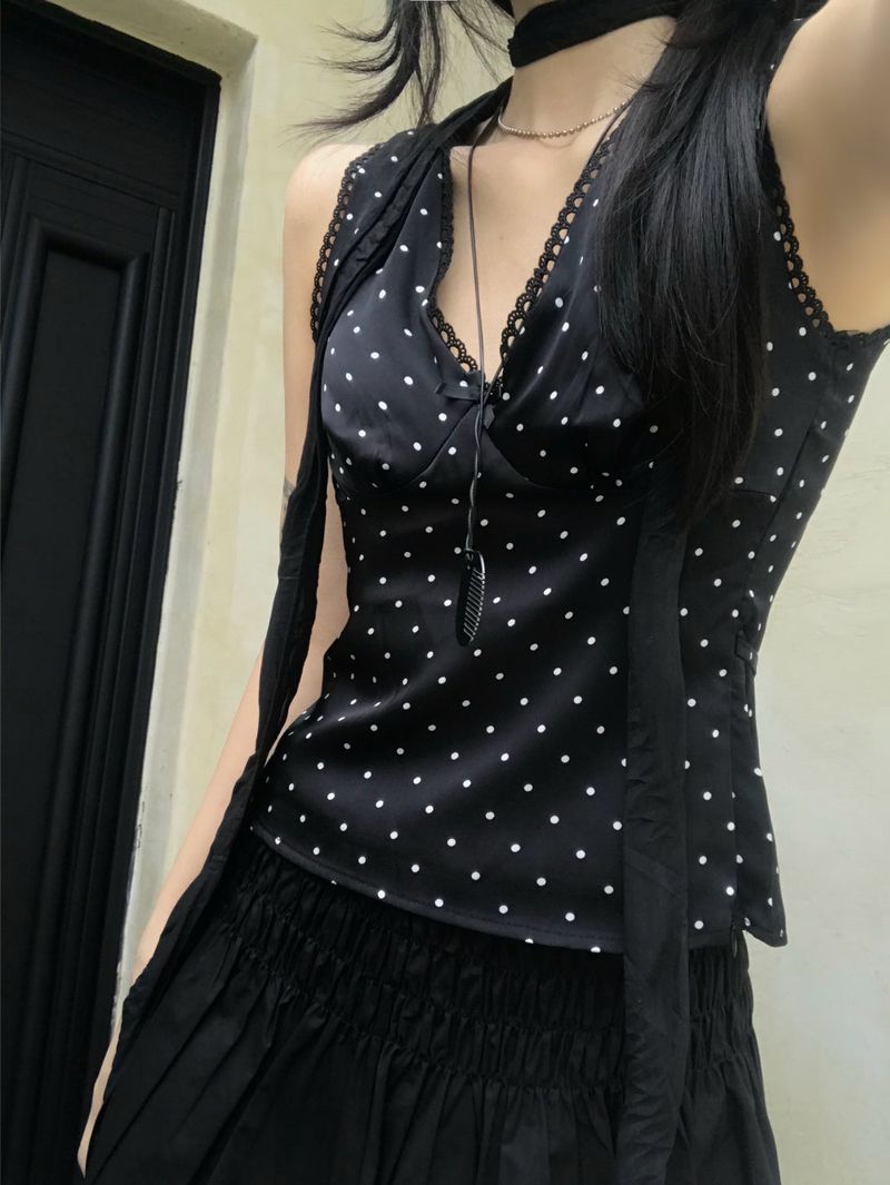 French Dot V-Neck Sleeveless Blouse