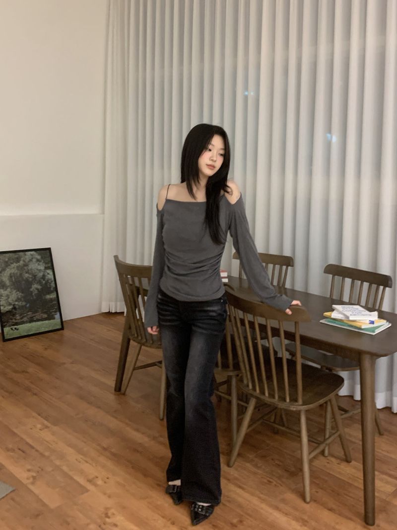 Jenn Muse Off-Shoulder Strap Drape Long Sleeve Top