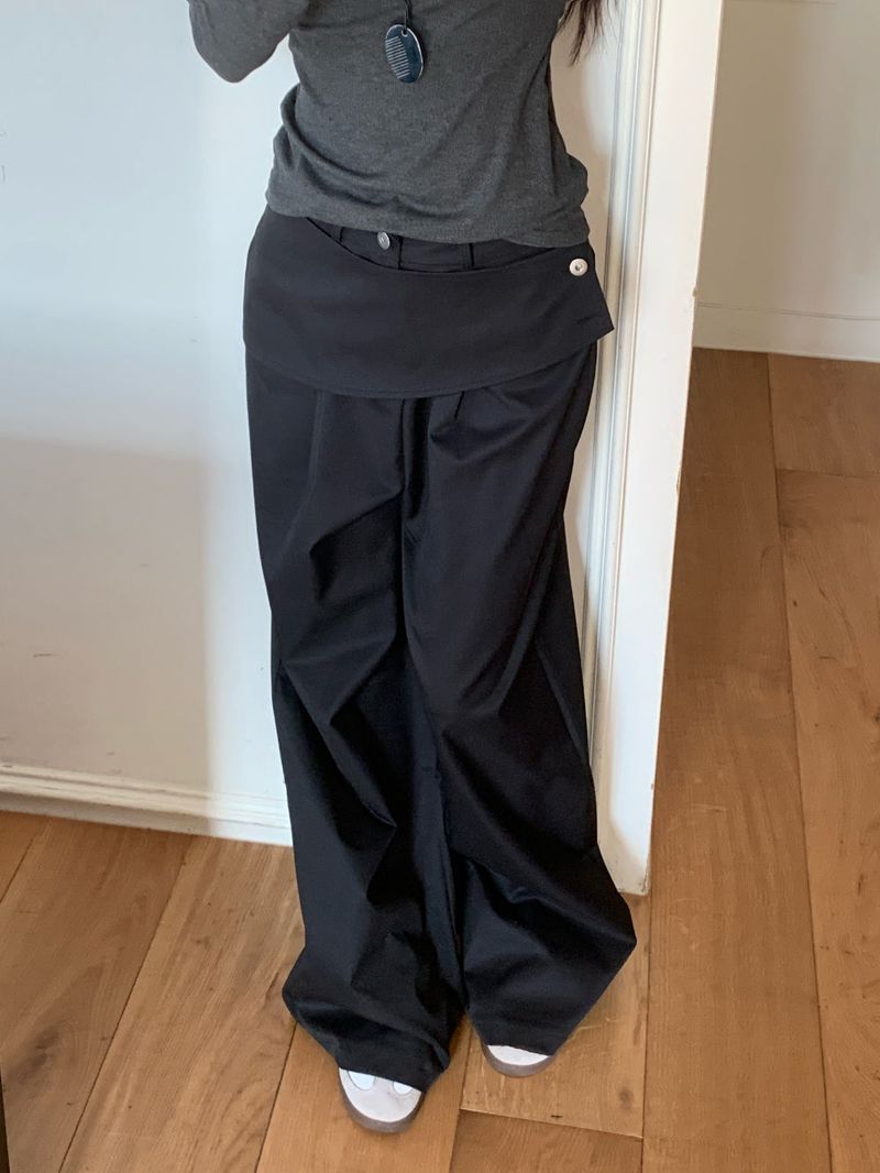 Close Pintuck Wrap Two Button High Waist Long Wide Pants