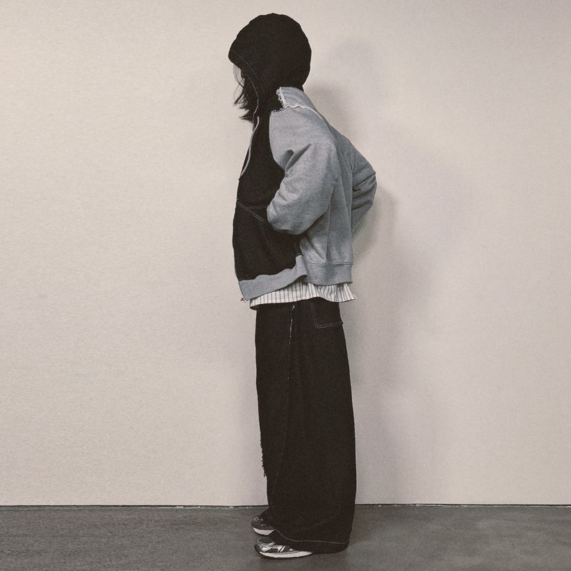 layered deconstructed zip-up hoodie_black