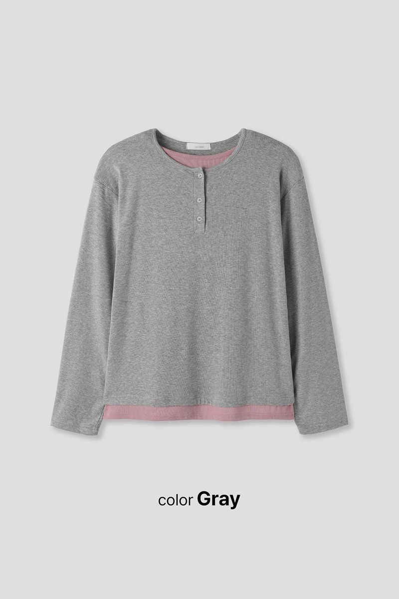 Henley neck layered long sleeves
