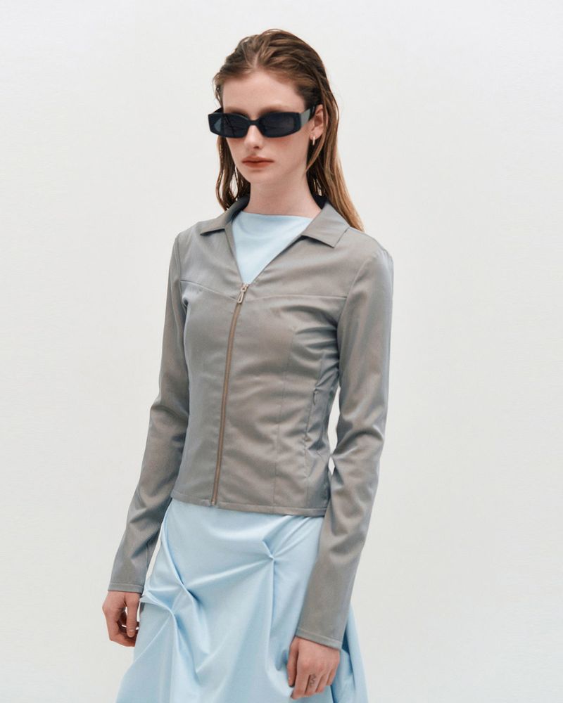 V-Neck Sleek Zip-Up _ GREY