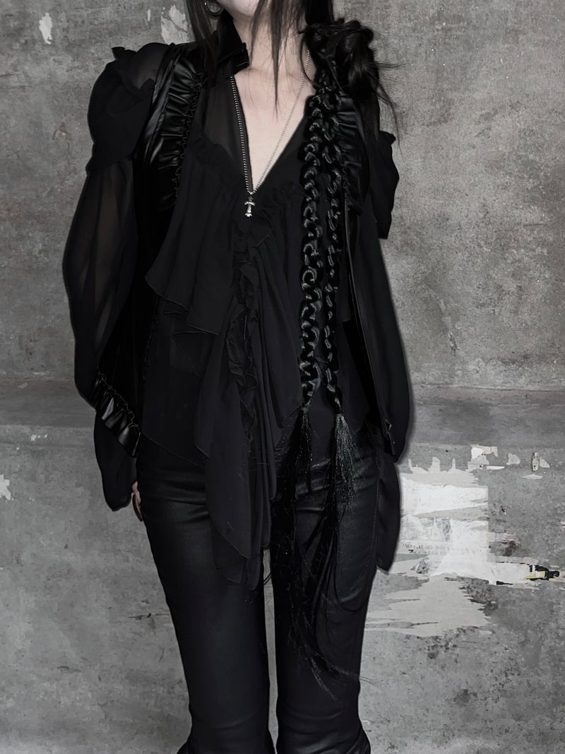 chiffon ruffle v-neck sheer blouse (2color)