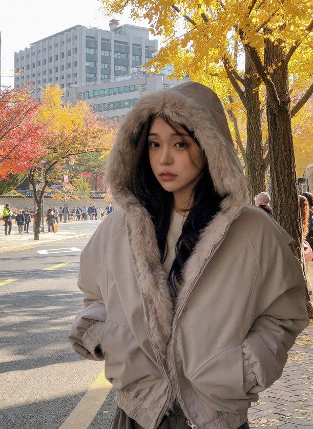 #Fur Hood Crop Zip-up Jumper (2color)