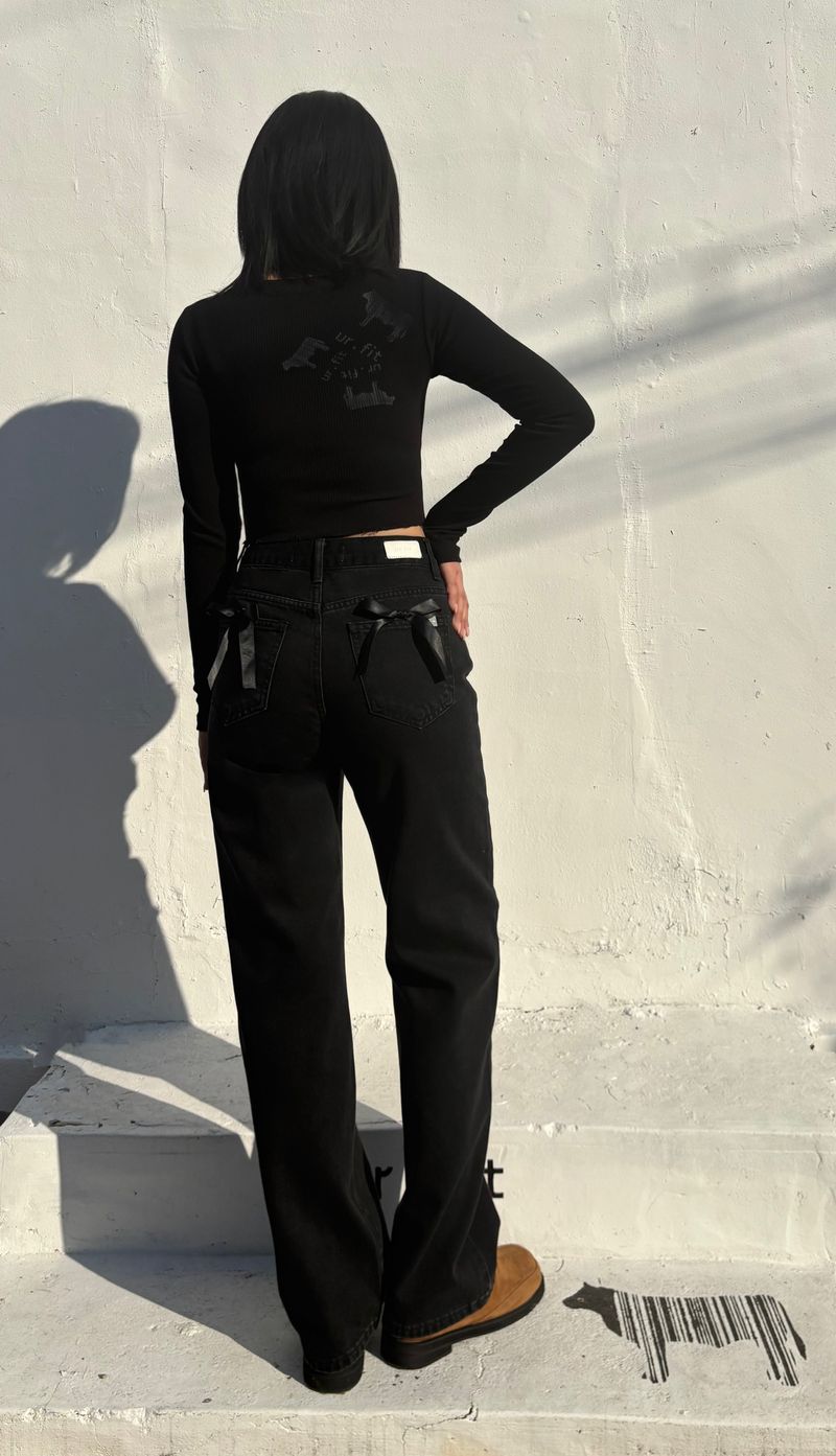 RIBBON SEMI-WIDE BLACK DENIM PANTS code 18318
