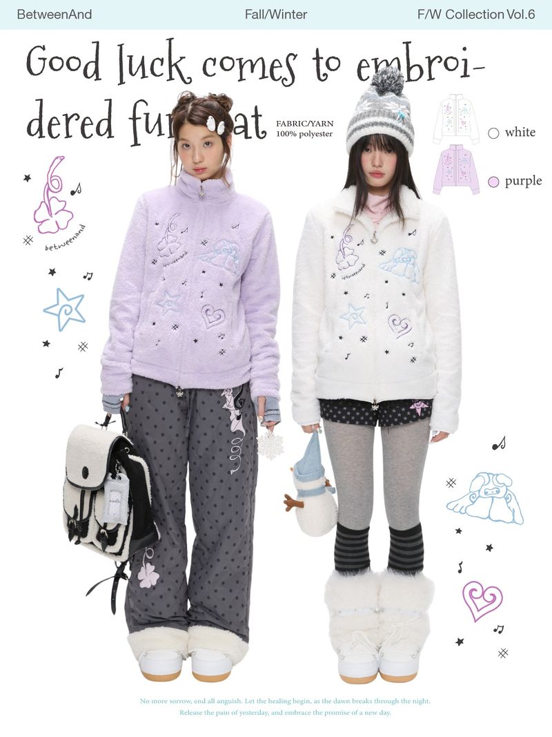 BETWEENAND "Good Luck Overture" Winter Milk Soft Embroidered Plush Warm Velvet Coat for Women