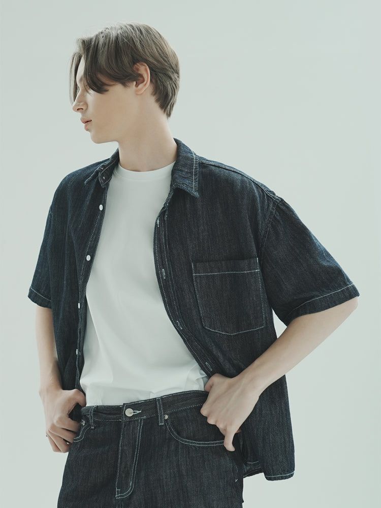 M205 LINEN OVER DENIM SHIRT_DEEP BLUE