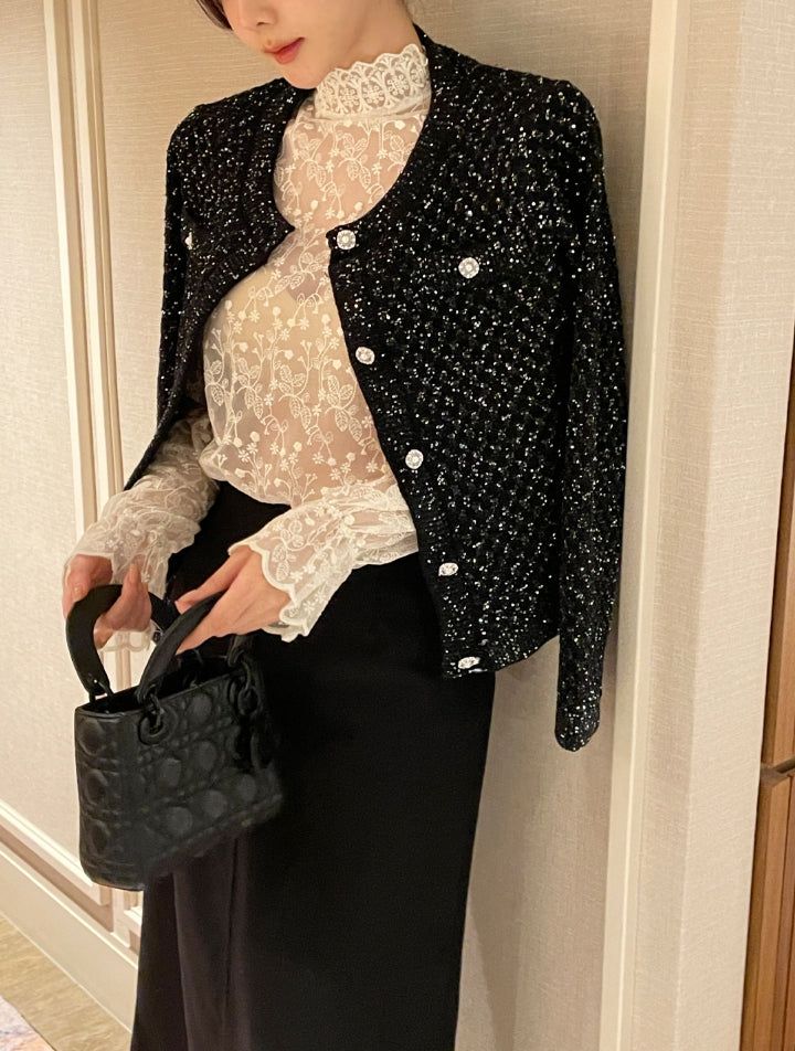 Nemu Spangle Pearl Knit Jacket Cardigan