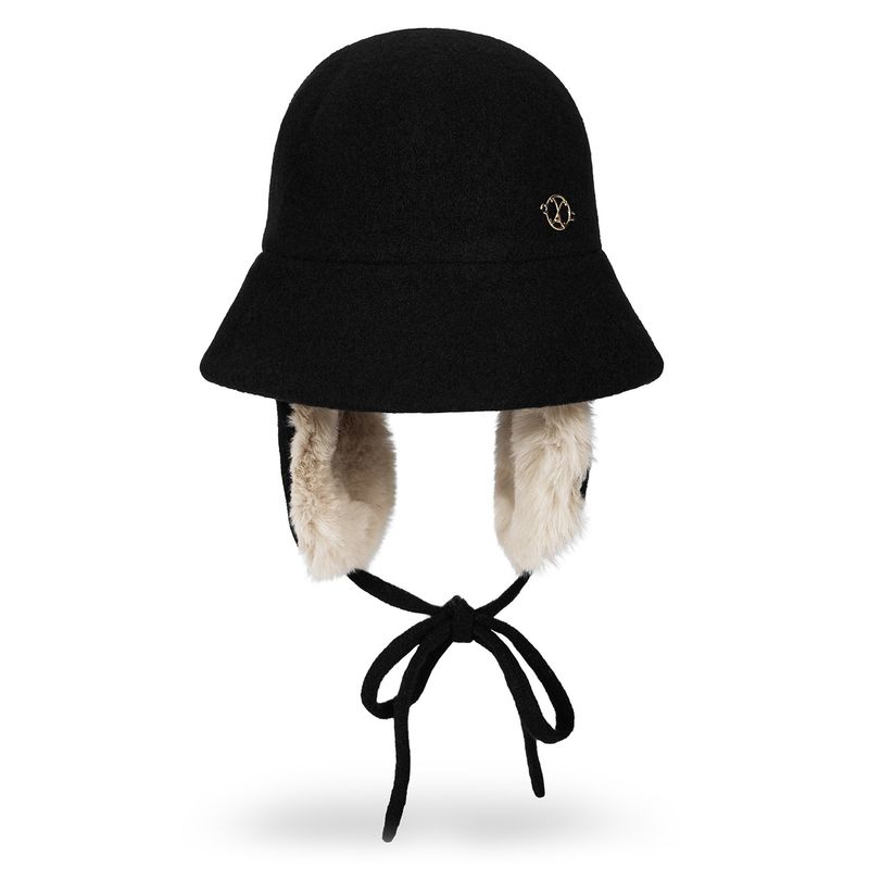 VA Curved Circle Logo Wool Blend Flap Bucket Hat / Black