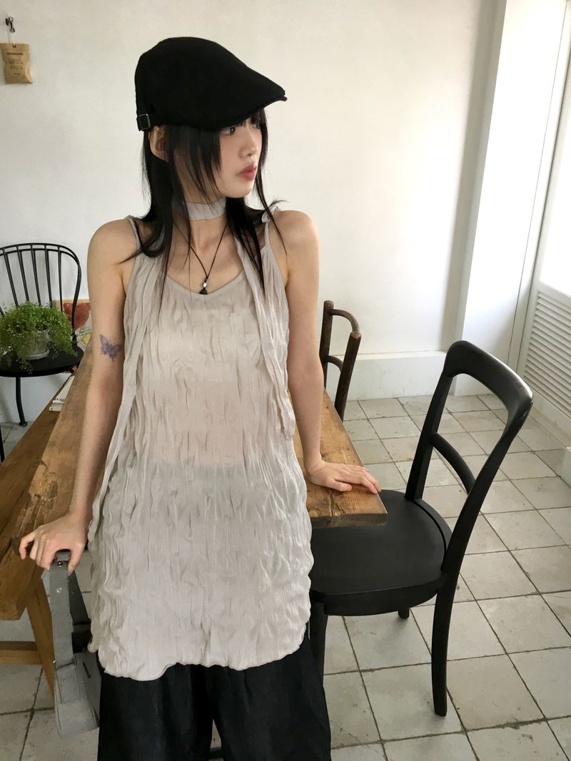 [Muffler set] Lucing Wrinkle Ribbon Strap Sleeveless Dress