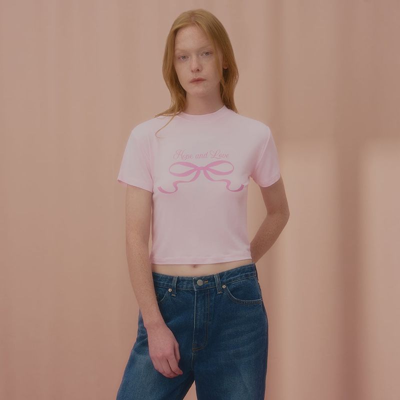 NCOVER(エンカバー)の「LOVE RIBBON CROP TSHIRT-PINK(Tops)」