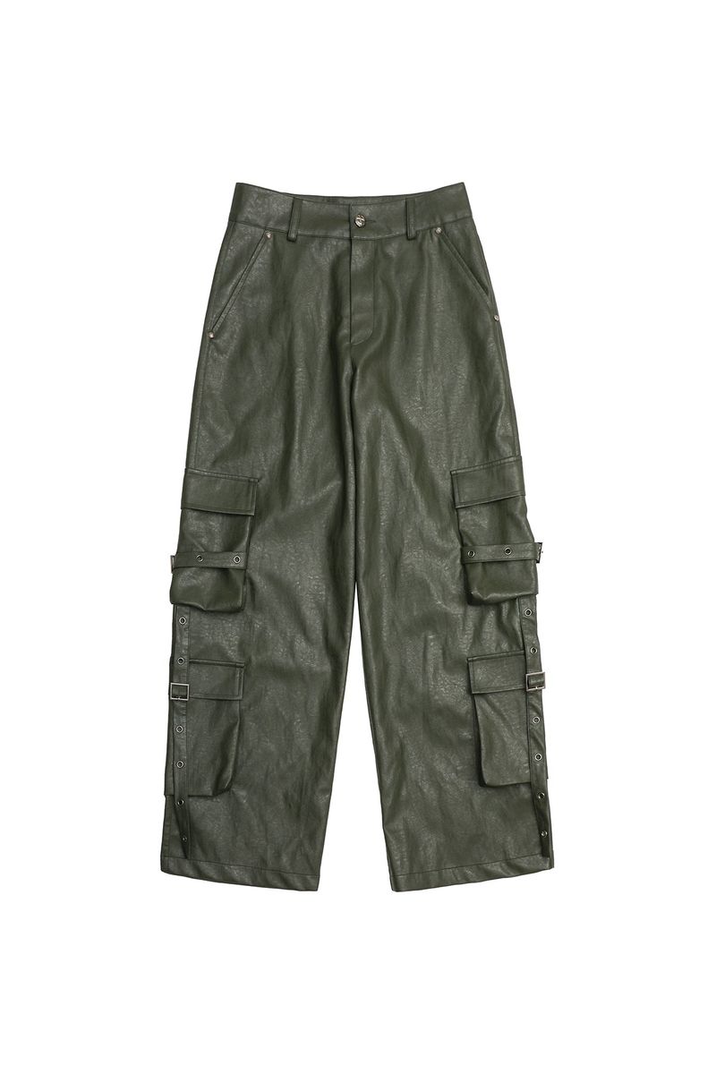 EYELET CARGO LEATHER PANTS KHAKI