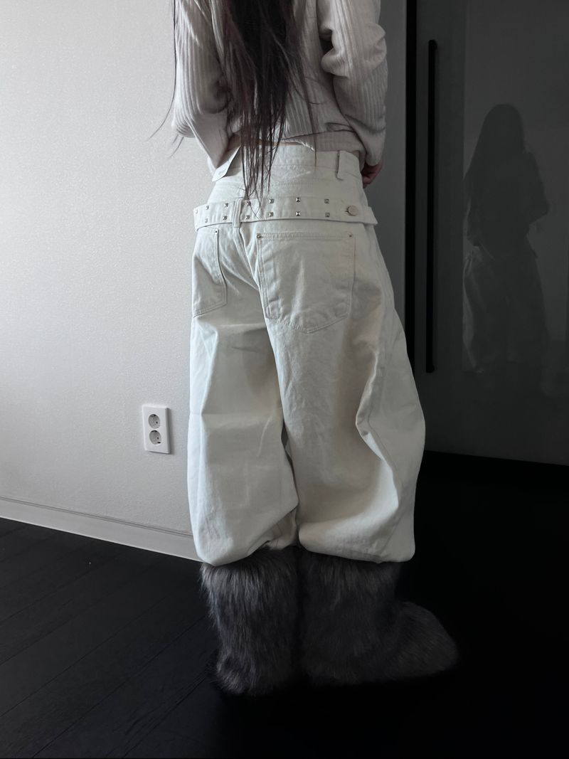 stud edge wide denim (fleece-lined / 2color)