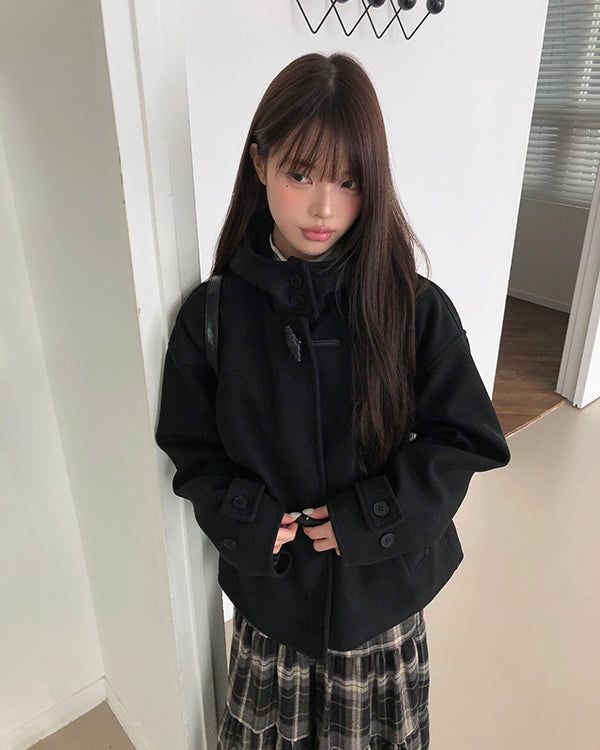 Huen High-Neck Duffle Oversized Wool Hooded Midi Coat