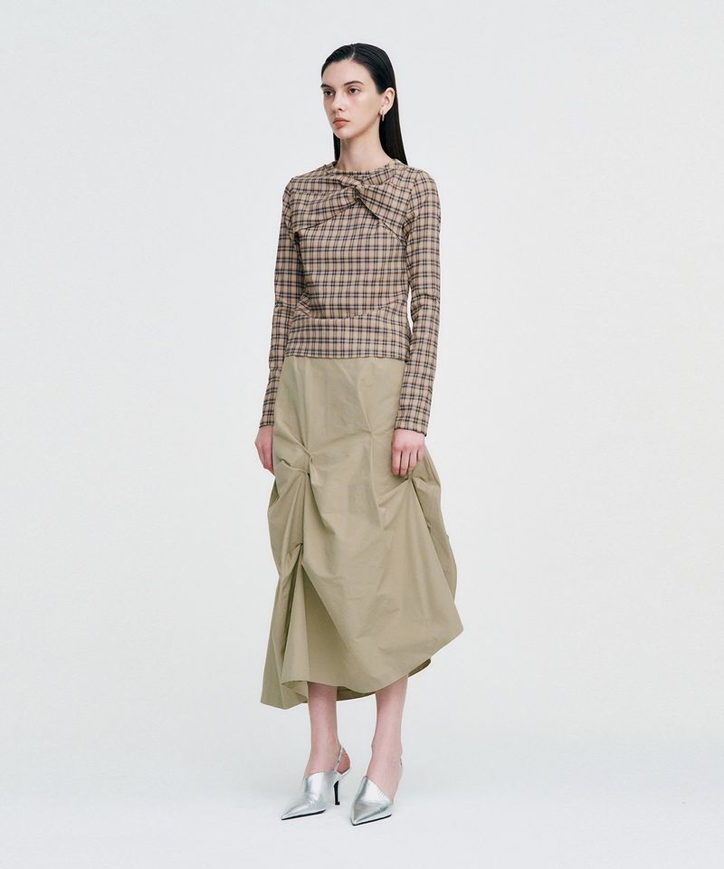 Twisted Check High-neck Top _ BEIGE