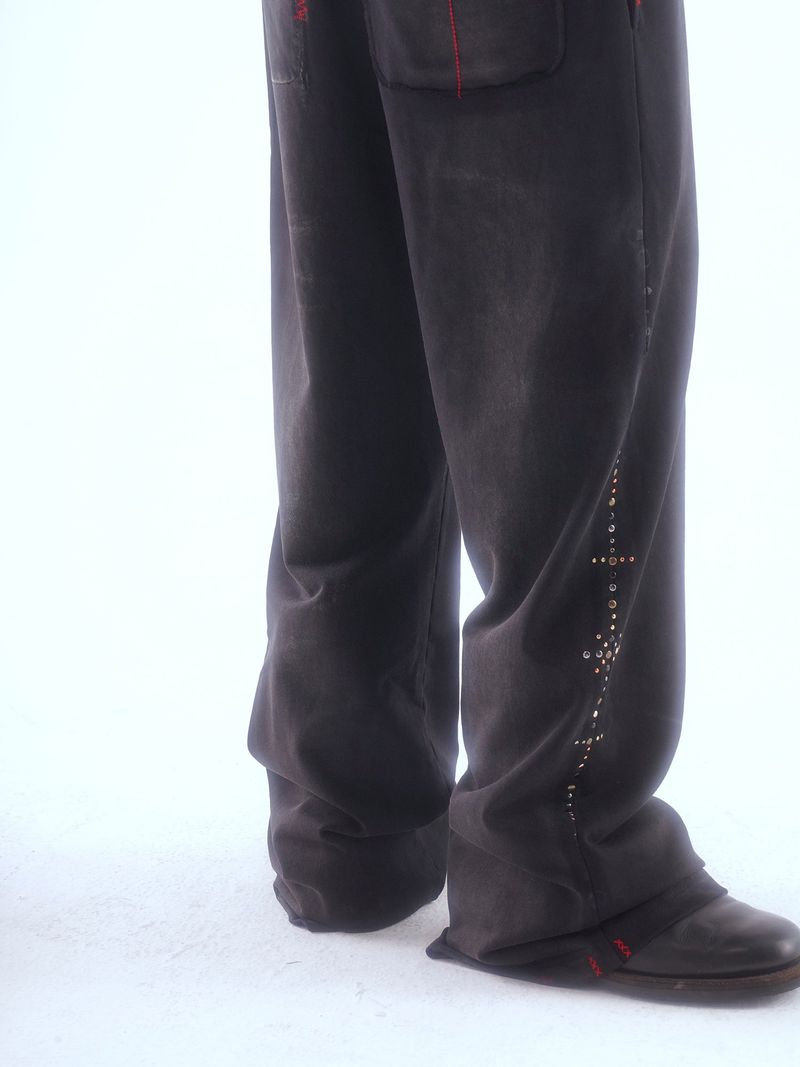 WASHED DISTRESSED RANDOM STITCH HOT-STUDDED DRAWSTRING SWEATPANTS