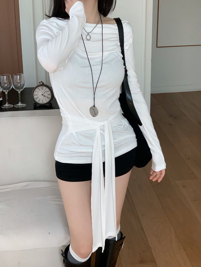 Loving Front Wrap Tie Boat Neck Long Sleeve Tee 
