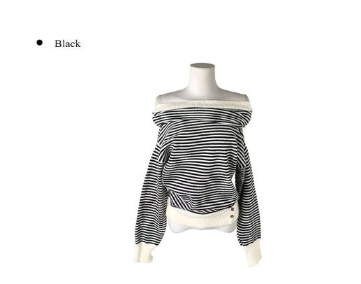 Boudin Stripe Loose Off-Shoulder Button Knit