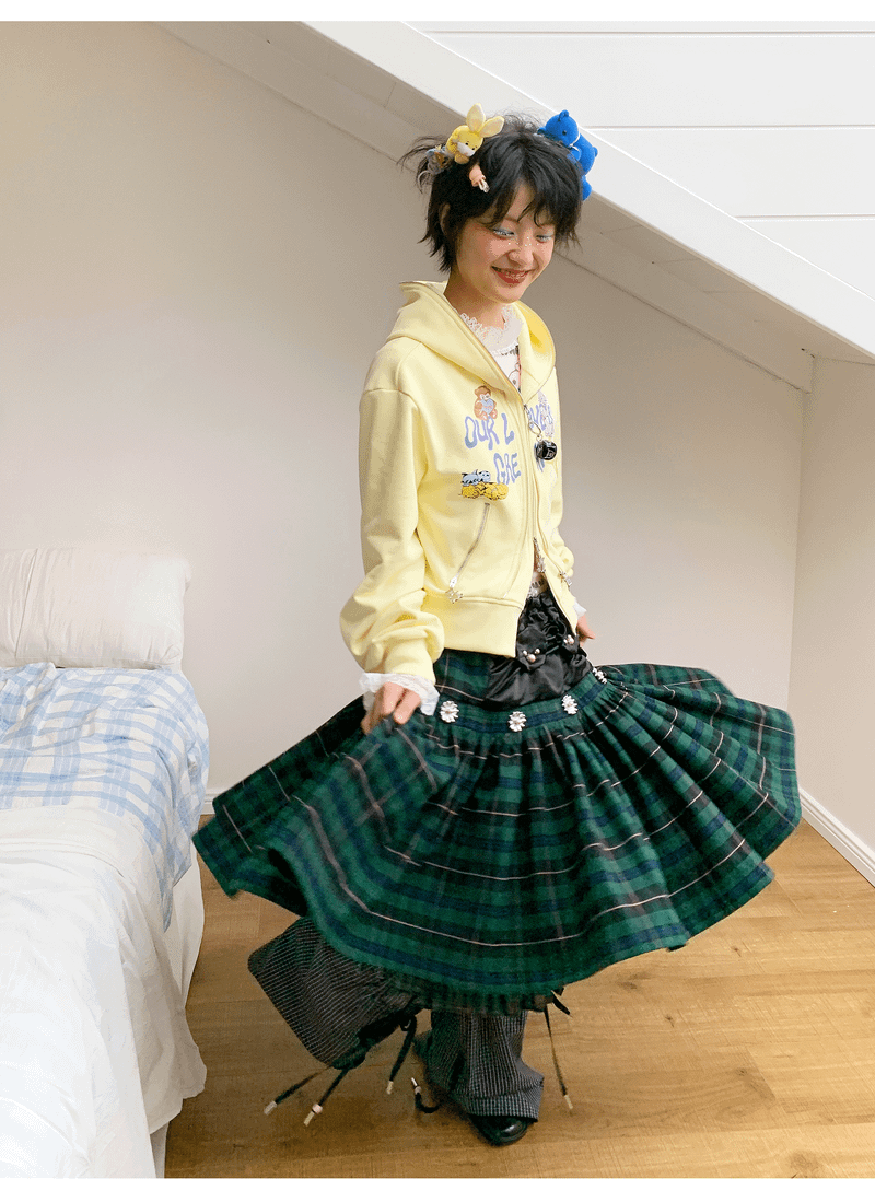 sillysis 小熊デザインのグリーンチェック構造、裾のギャザーと手作りビーズ付きミモレスカート