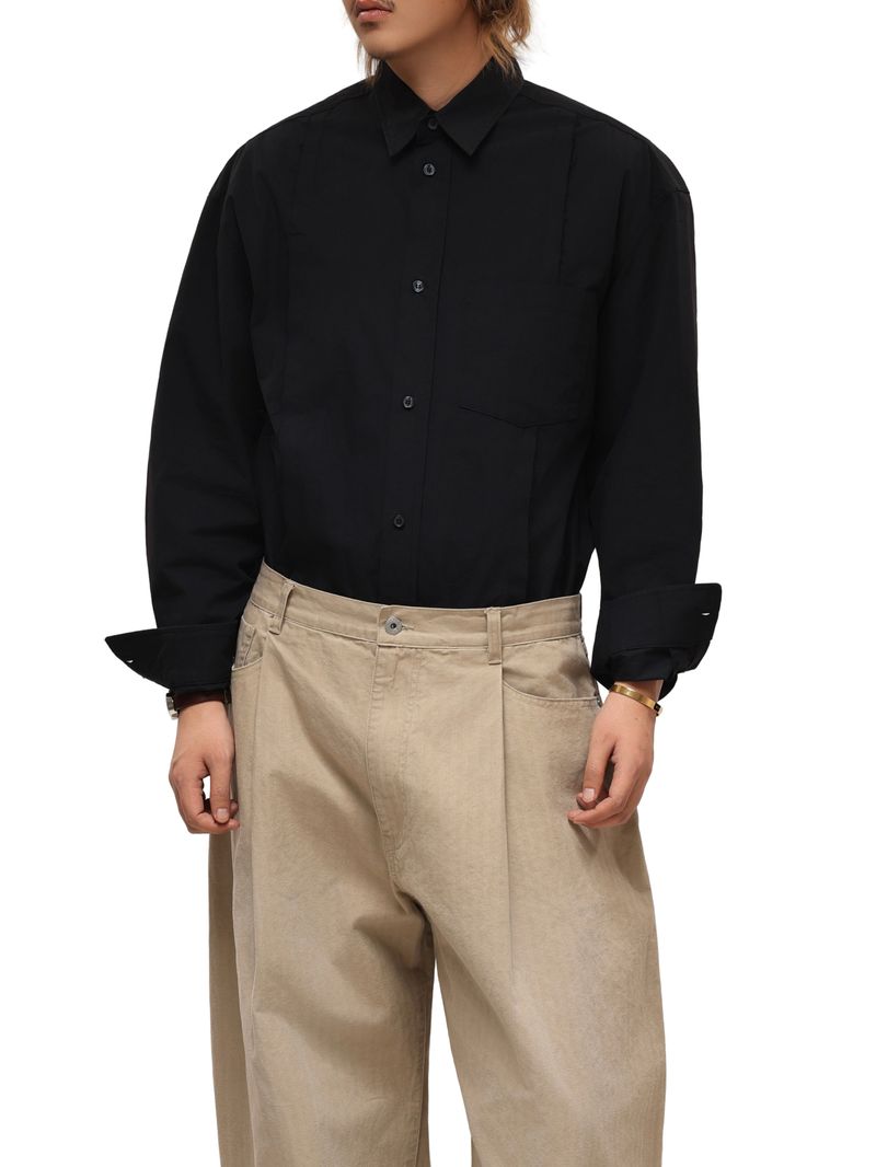 6CRAYON Patchwork Basic Black Cotton Poplin Embroidered Shirt