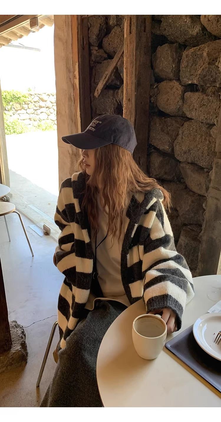 wool knit striped hooded over cardigan