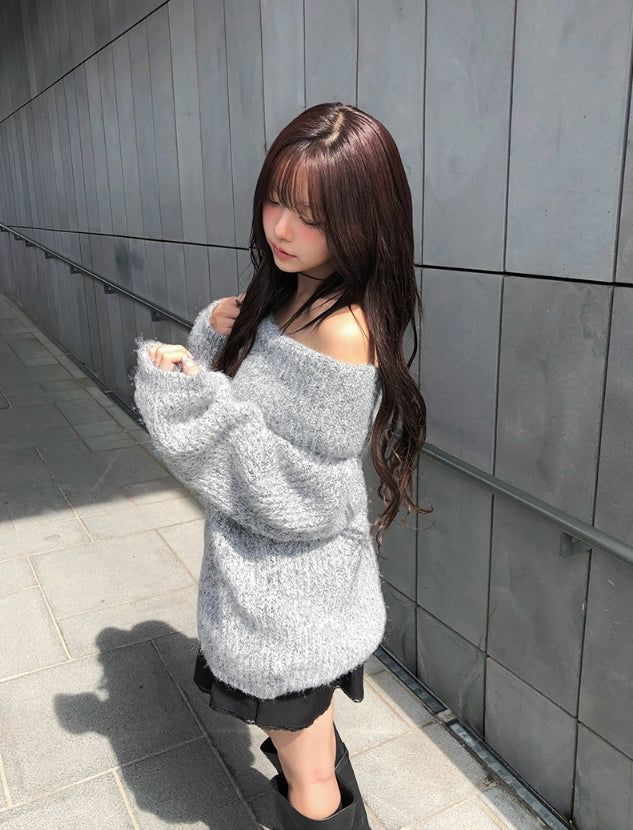 [Scrunchie Set] Nora Off-Shoulder Loose Knit