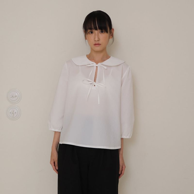 White Seersucker Ribbon Blouse