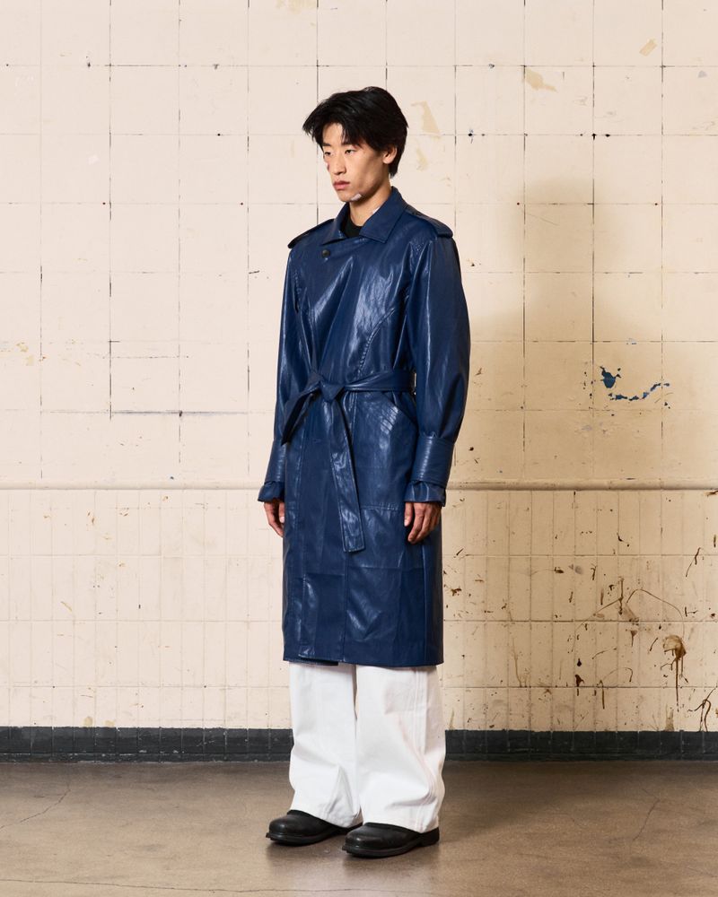 Curved Leather Trench coat (Blue)