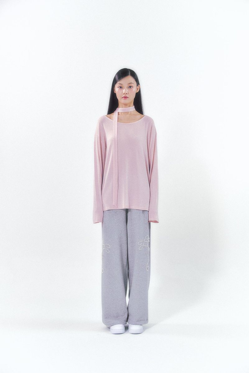 Knit Tie Long Sleeve Set Pink