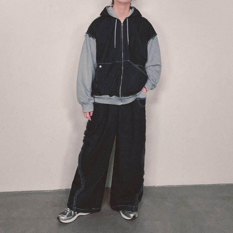 layered deconstructed denim pants_blue
