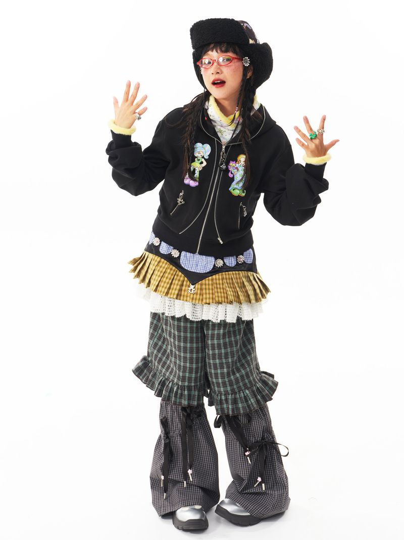 sillysis 黒のかわいい女の子イラスト、両頭金属ジッパー構造感スウェットパーカー