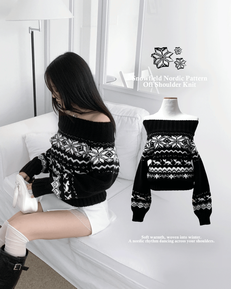 GUSTA（グスタ）の「Snowfield Nordic Pattern Off-Shoulder Knit Top (Black)（Tops）」