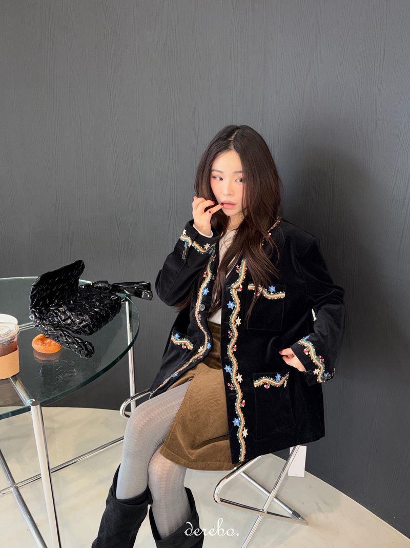 French velvet embroidered no collar jacket